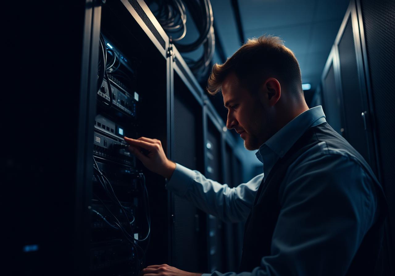 Professional IT technician working on server infrastructure in modern data center